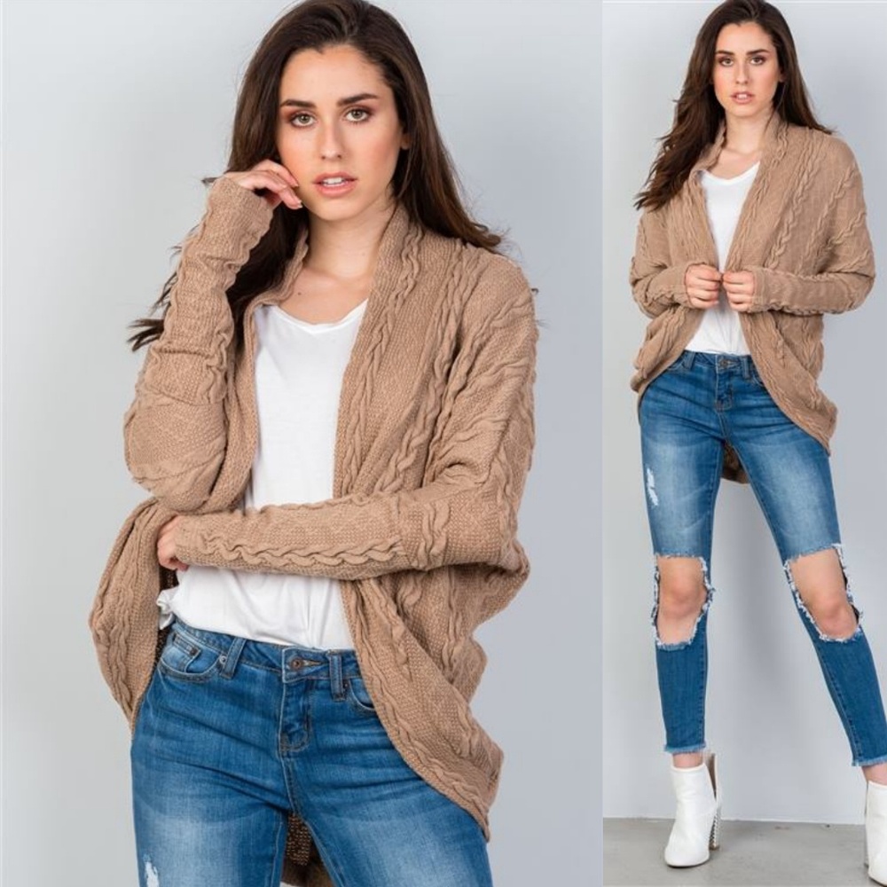 DROP SHOULDER CABLE KNIT CARDIGAN SWEATER in tan